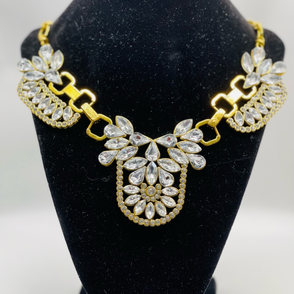 Beautiful Brass and Clear Crystals Statement Necklace
